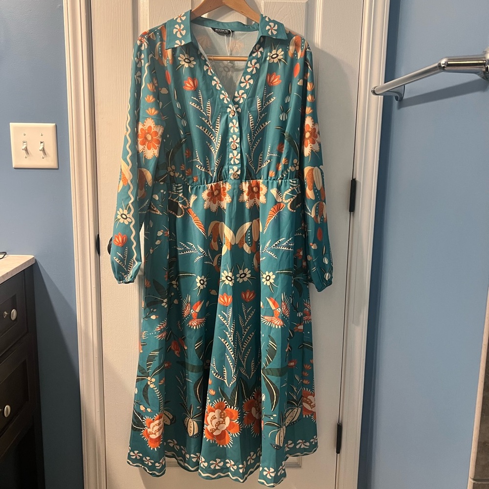 BloomChic Teal Floral Long Sleeve Dress